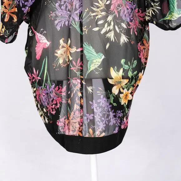 Sheer Floral Cover Up Kaftan Wrap Kimono Boho Cottage Floral Fairy Birds MEDIUM - Picture 5 of 6